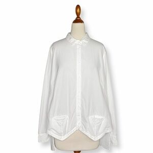 European Culture White Button Down Top Size L Flowy Tiered Back